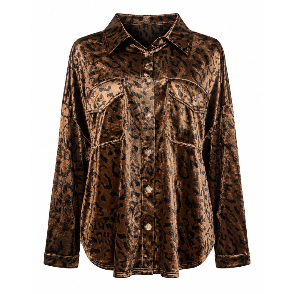 Jodifl Brown Satin Leopard Print Button Up Blouse Long Sleeve Oversized Shirt